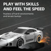 A white RC drift car is shown speeding on a track, with tire smoke visible.