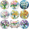 A set of floral diamond painting coasters featuring various flowers and greenery with metal holders.