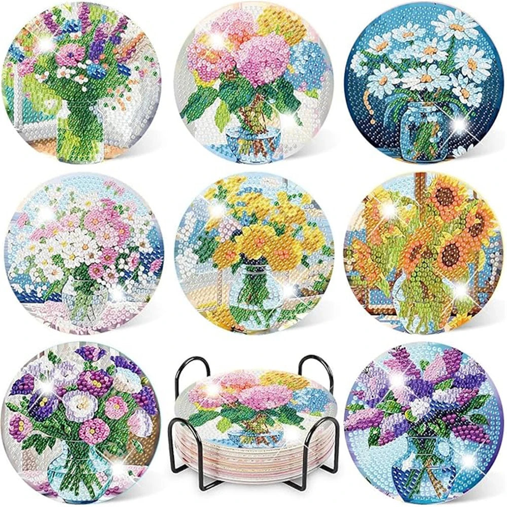 A set of floral diamond painting coasters featuring various flowers and greenery with metal holders.