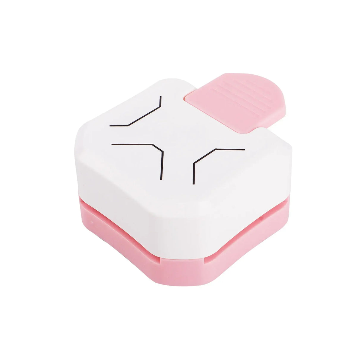 A white and pink triple-function corner embosser and cutter kit with a pink pressing tool.