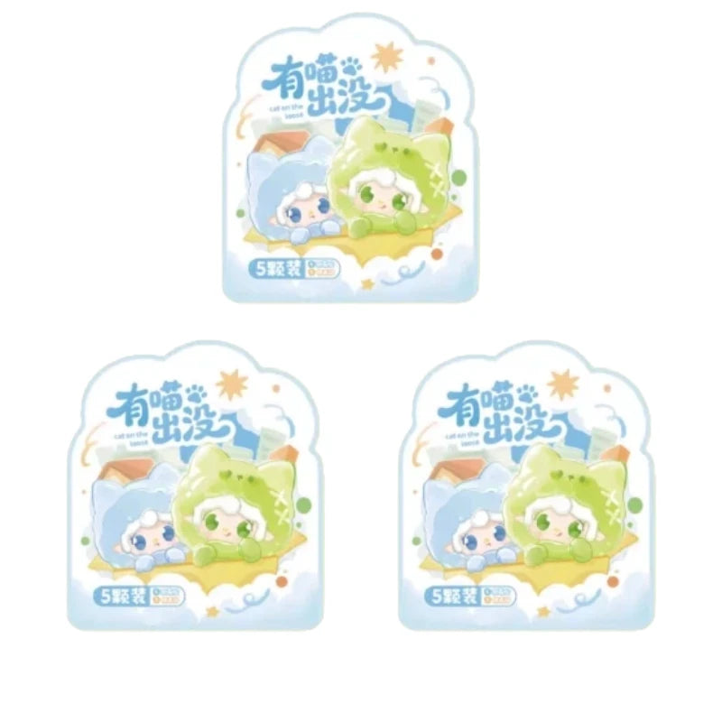 A set of three cute collectible figurines featuring a cat on the loose theme with sparkling accents.