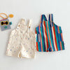 Colorful striped kids overalls featuring a raindrop print