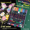 A set of 24-color glitter markers in a plastic case with a brush tip, showing various colors and a butterfly design.