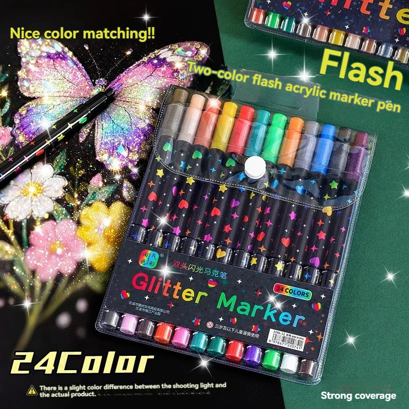 A set of 24-color glitter markers in a plastic case with a brush tip, showing various colors and a butterfly design.