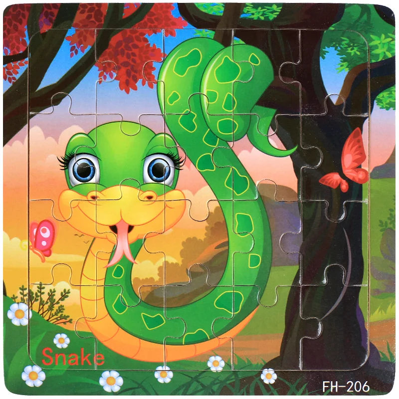 A jigsaw puzzle depicting a green snake with large eyes and an orange body coiled around a tree trunk.