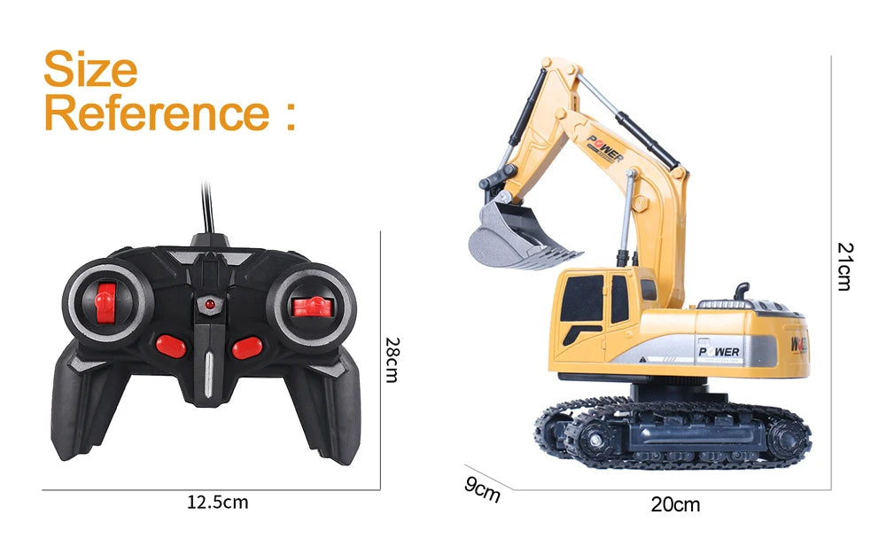A yellow 1:24 scale remote control excavator model with a black body and tracks.