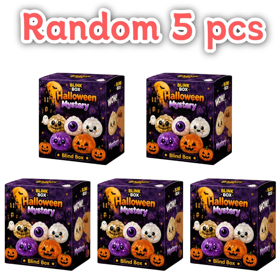 A set of five Halloween mystery blind box squishy stress relief toys in various colors and designs.