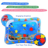 A blue inflatable baby play mat with engaging graphics for tummy time