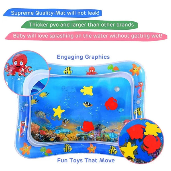 A blue inflatable baby play mat with engaging graphics for tummy time