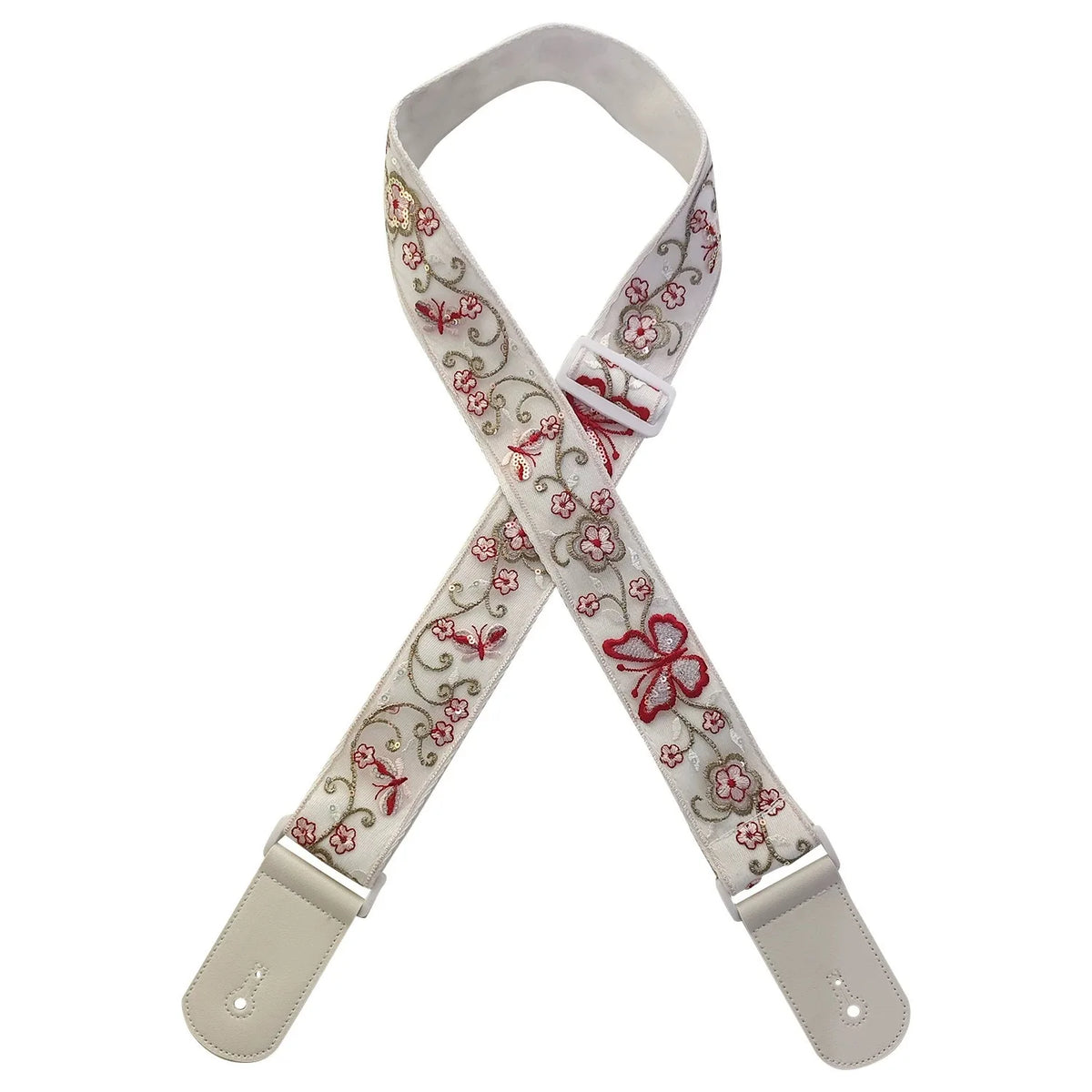 An adjustable woven guitar strap featuring a light beige background with red and green floral embroidery and leather accents.