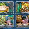 Four images showing DIY underwater scenes including a giant shell, submarine, abandoned rudder, and deep sea coral.