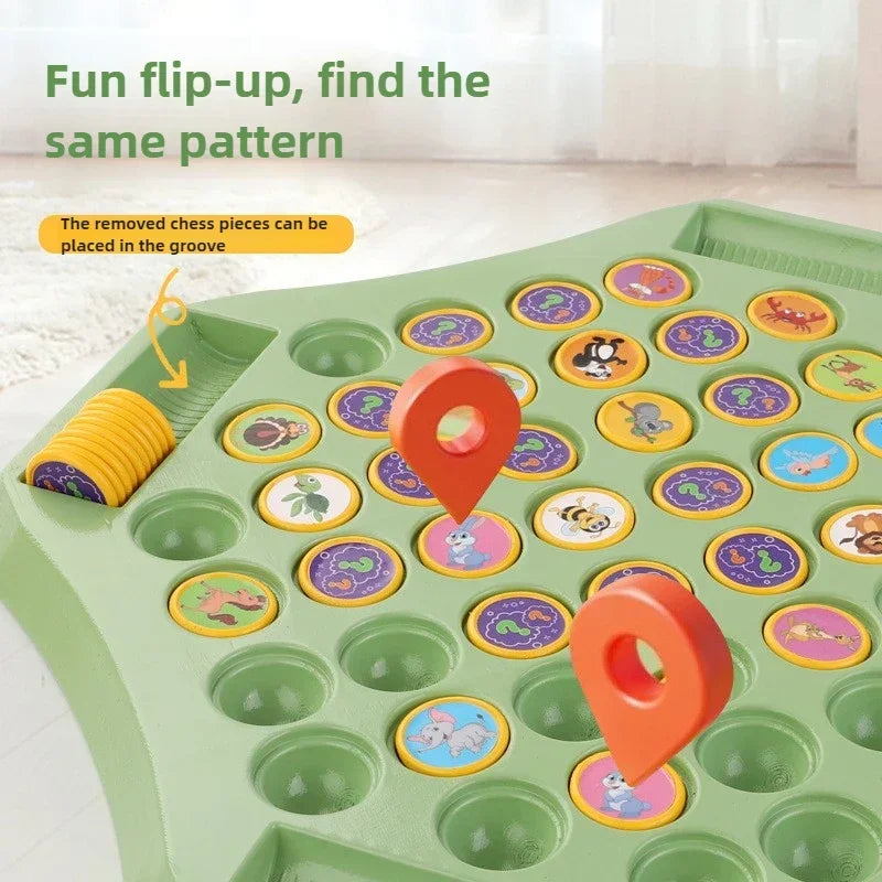 A green flip-up chess game board with removable pieces and a yellow location pin.