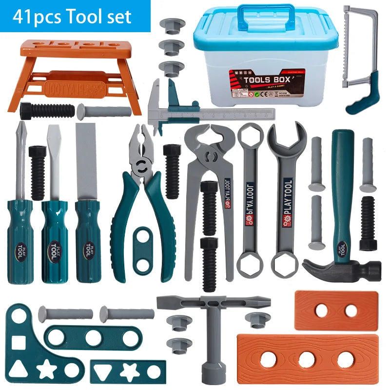A set of tools including screwdrivers, pliers, and various construction items for kids.