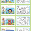 A page from a cartoon animal coloring book featuring various animals like a cute little deer, sleeping lion, little bear, and