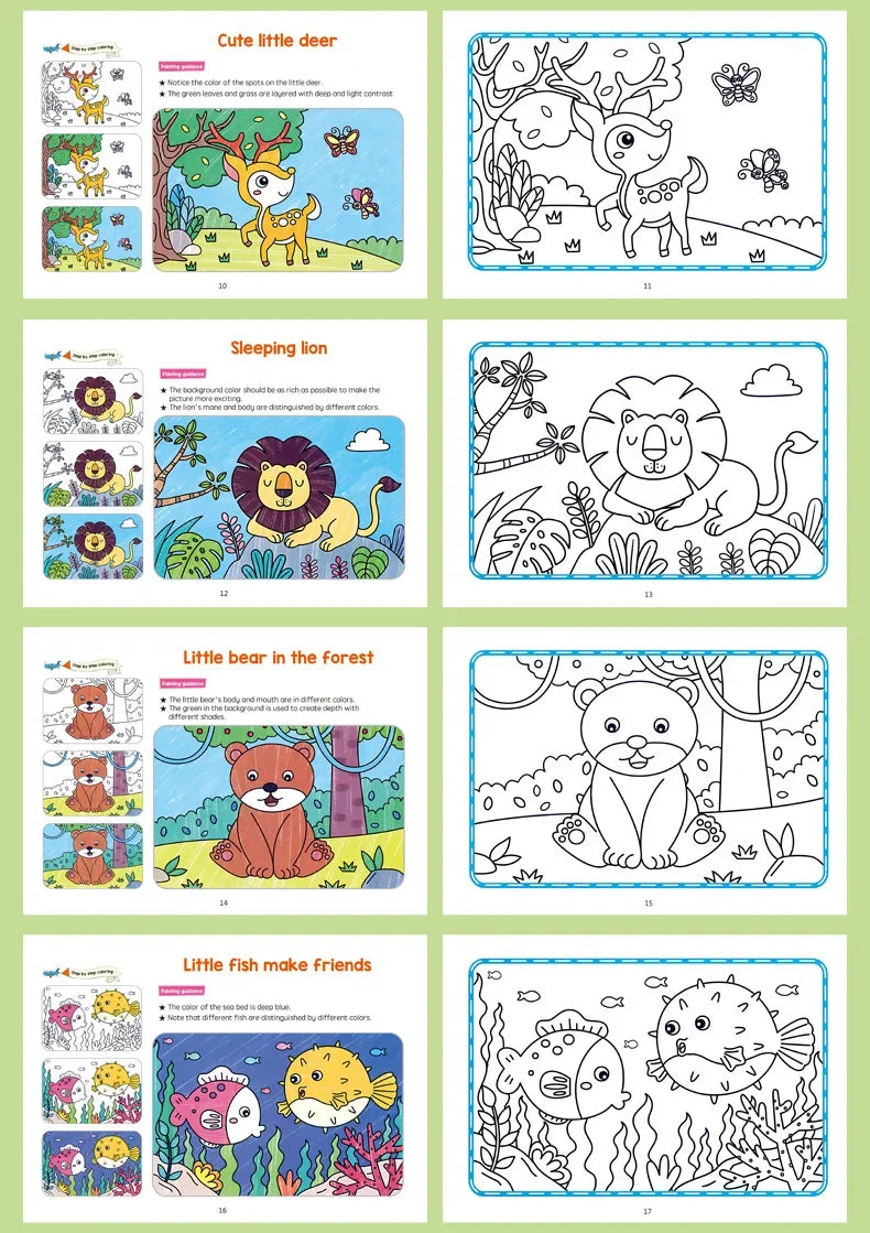 A page from a cartoon animal coloring book featuring various animals like a cute little deer, sleeping lion, little bear, and