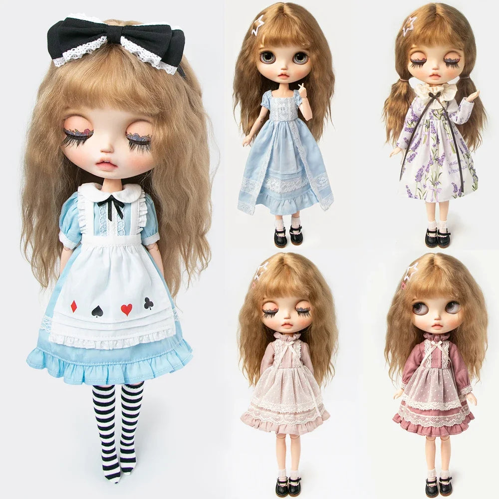 A collection of vintage lace maid dress sets for 1/6 scale dolls featuring various pastel and floral patterns.