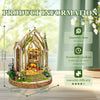 A wooden floral book nook kit featuring an arched structure with natural elements and LED lighting.