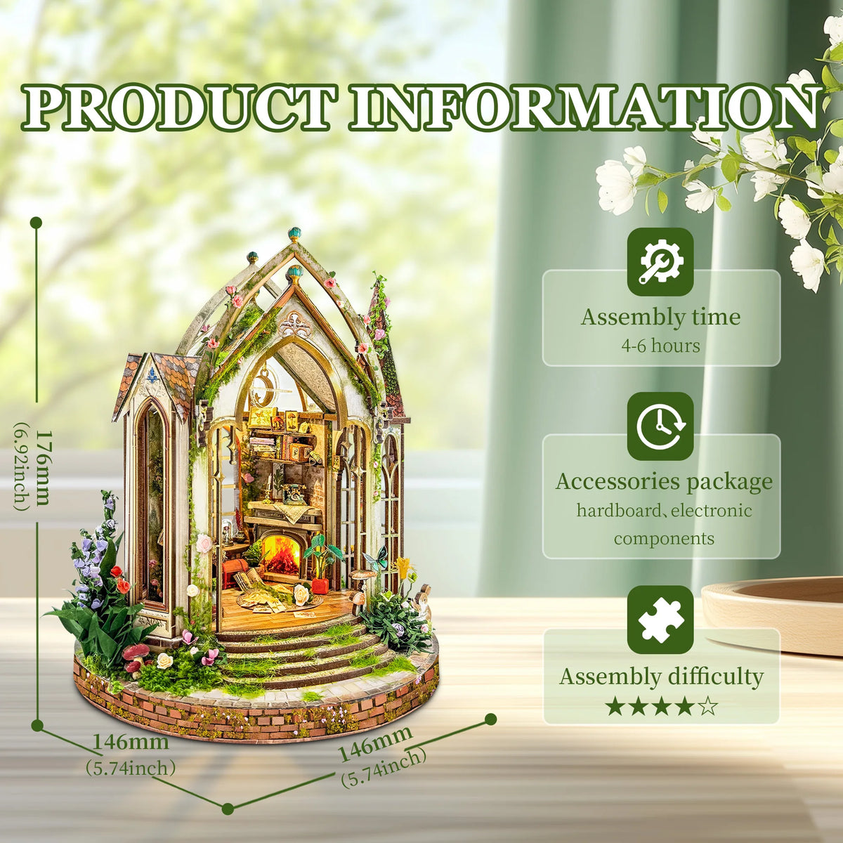 A wooden floral book nook kit featuring an arched structure with natural elements and LED lighting.
