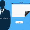 A diagram showing the dimensions of an A3 size flexible magnetic dry erase board and a silhouette of a man.