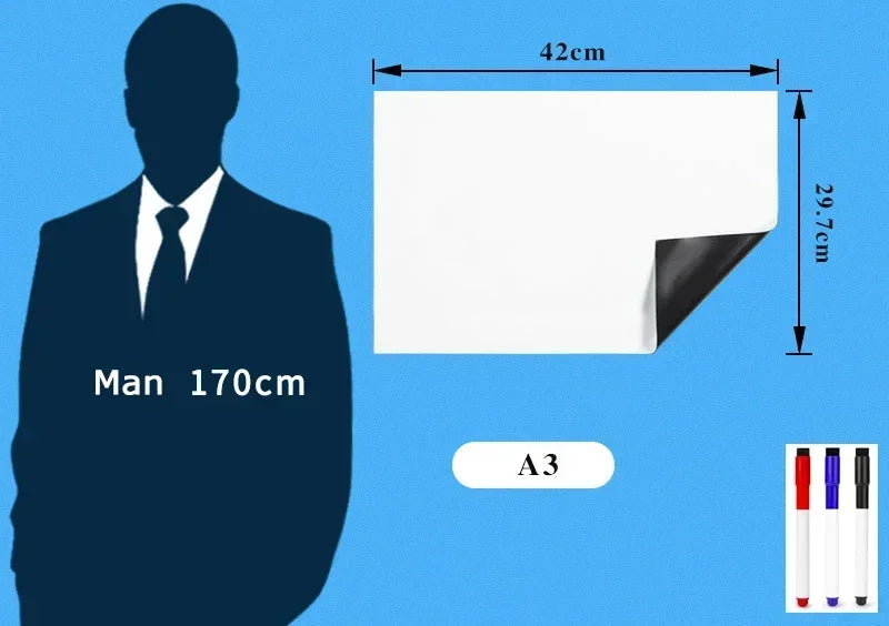 A diagram showing the dimensions of an A3 size flexible magnetic dry erase board and a silhouette of a man.