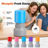 A set of realistic mosquito prank stamps in various colors displayed on a wooden surface.