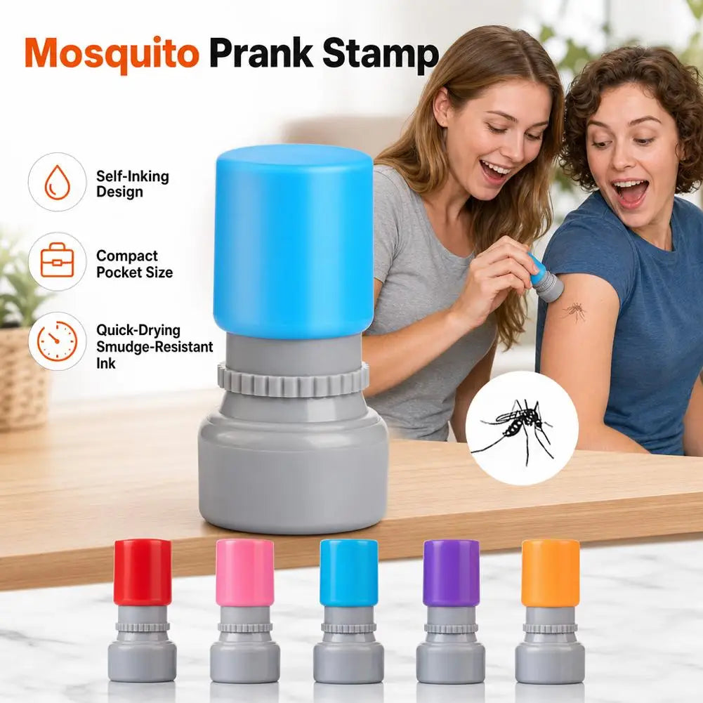 A set of realistic mosquito prank stamps in various colors displayed on a wooden surface.
