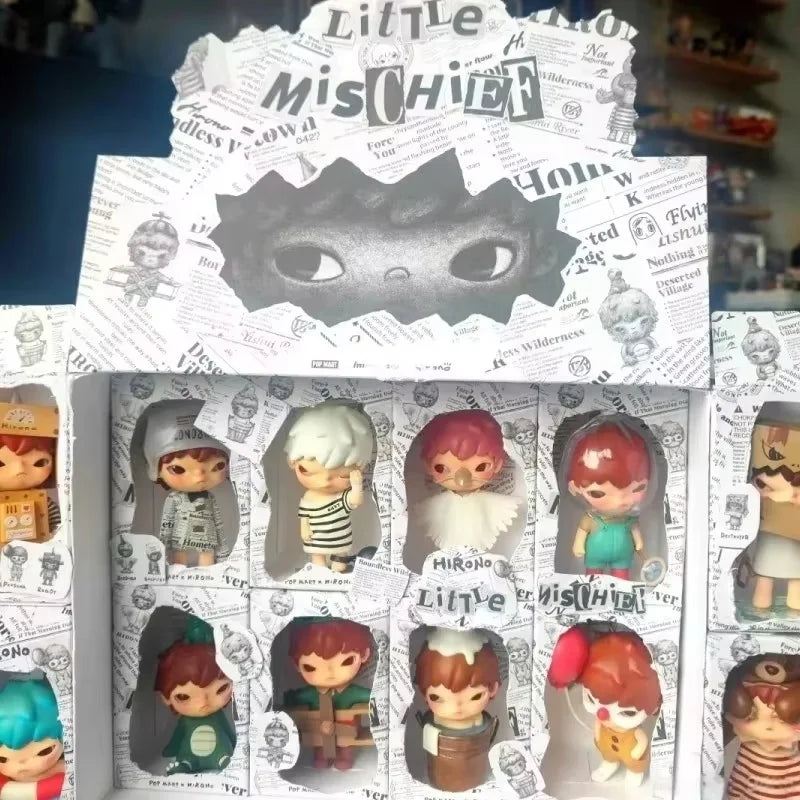 A collection of POP MART Hirono Small Mischievous Series blind box figures in various packaging.