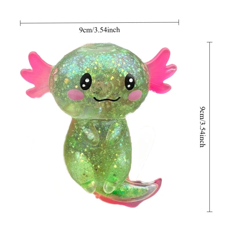 A squishy axolotl stress relief toy with pink gills and green body, shown against a white background.