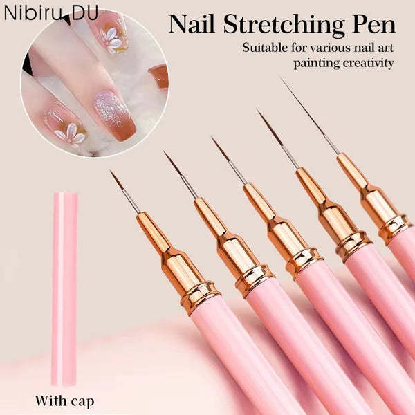 A set of professional nail stretching pens with pink handles and gold tips for nail art painting creativity.