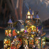 A detailed wooden miniature rail-track city dollhouse kit featuring buildings, trains, and furniture.