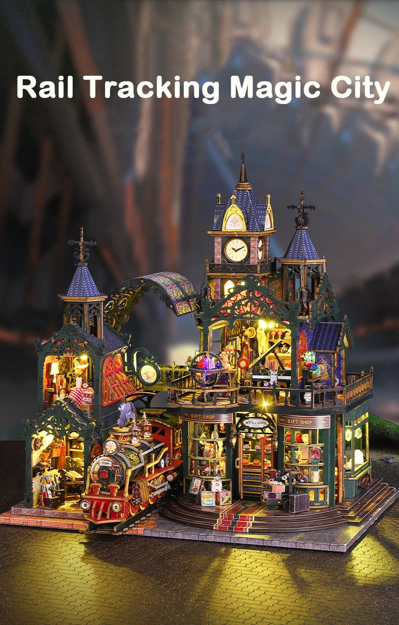 A detailed wooden miniature rail-track city dollhouse kit featuring buildings, trains, and furniture.
