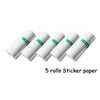 Five rolls of white sticker paper for use with a pocket thermal printer
