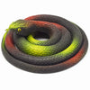 A realistic rubber snake toy with green, yellow, and reddish-brown scales coiled on a white background.