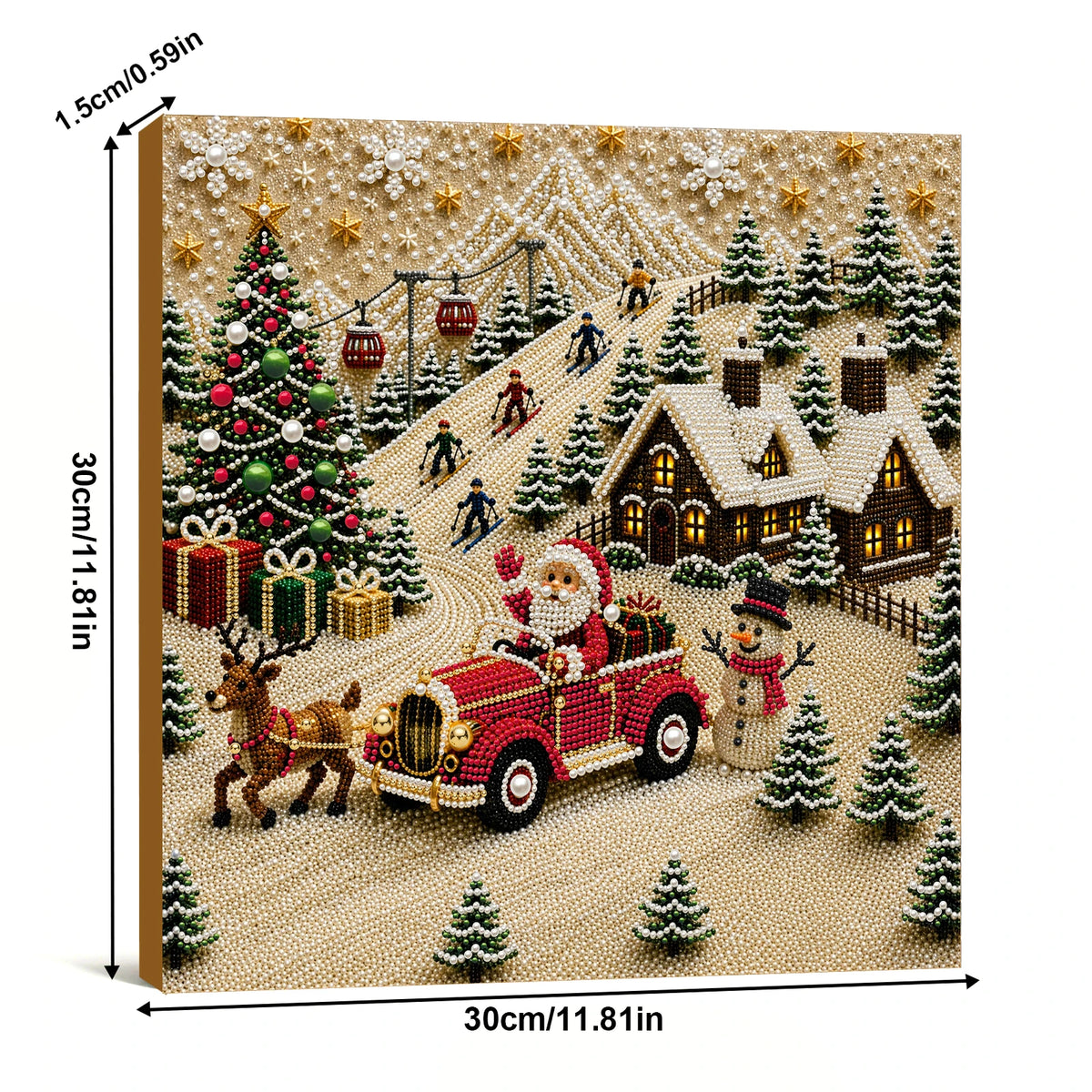 A diamond painting depicts a festive Christmas scene featuring a decorated tree, presents, and Santa's sleigh pulled by reind