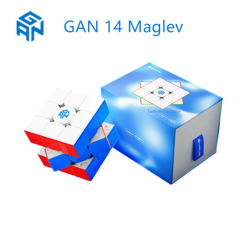 A blue box containing a GAN 14 Maglev speed cube puzzle.