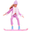 A purple doll wearing a pink outfit and hat standing on a pink skateboard.
