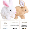 A white and tan plush rabbit toy demonstrating jumping, wagging ears, and making sweet sounds.