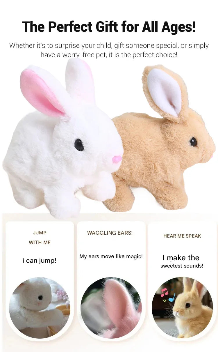 A white and tan plush rabbit toy demonstrating jumping, wagging ears, and making sweet sounds.