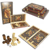A set of folding wooden chess and checkers game boards with decorative designs and pieces.