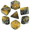 A set of polyhedral dice featuring a galaxy or cosmic effect, including a d10, d20, and d6.