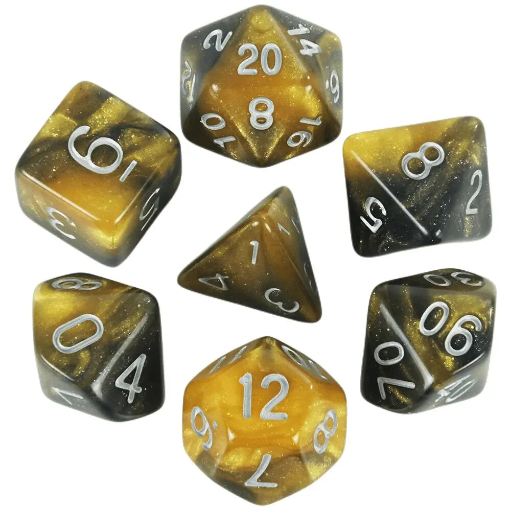 A set of polyhedral dice featuring a galaxy or cosmic effect, including a d10, d20, and d6.