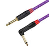 A close-up view of a black and purple instrument guitar cable with a right-angle connector.