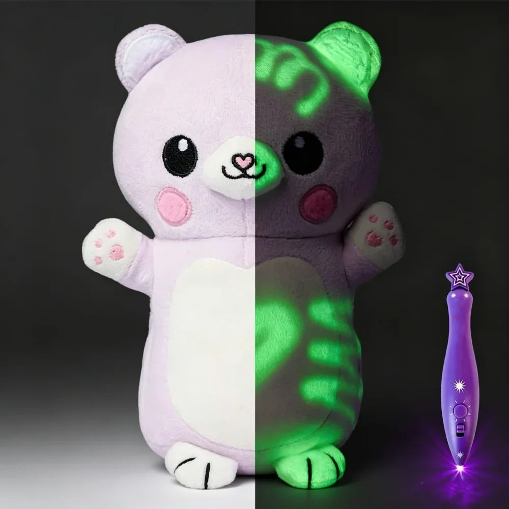 A glowing plush doll resembling a panda, split between purple and green colors.