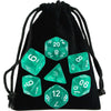 A set of transparent polyhedral dice, including a d6, d8, d10, d12, and d20, is displayed in a black pouch.