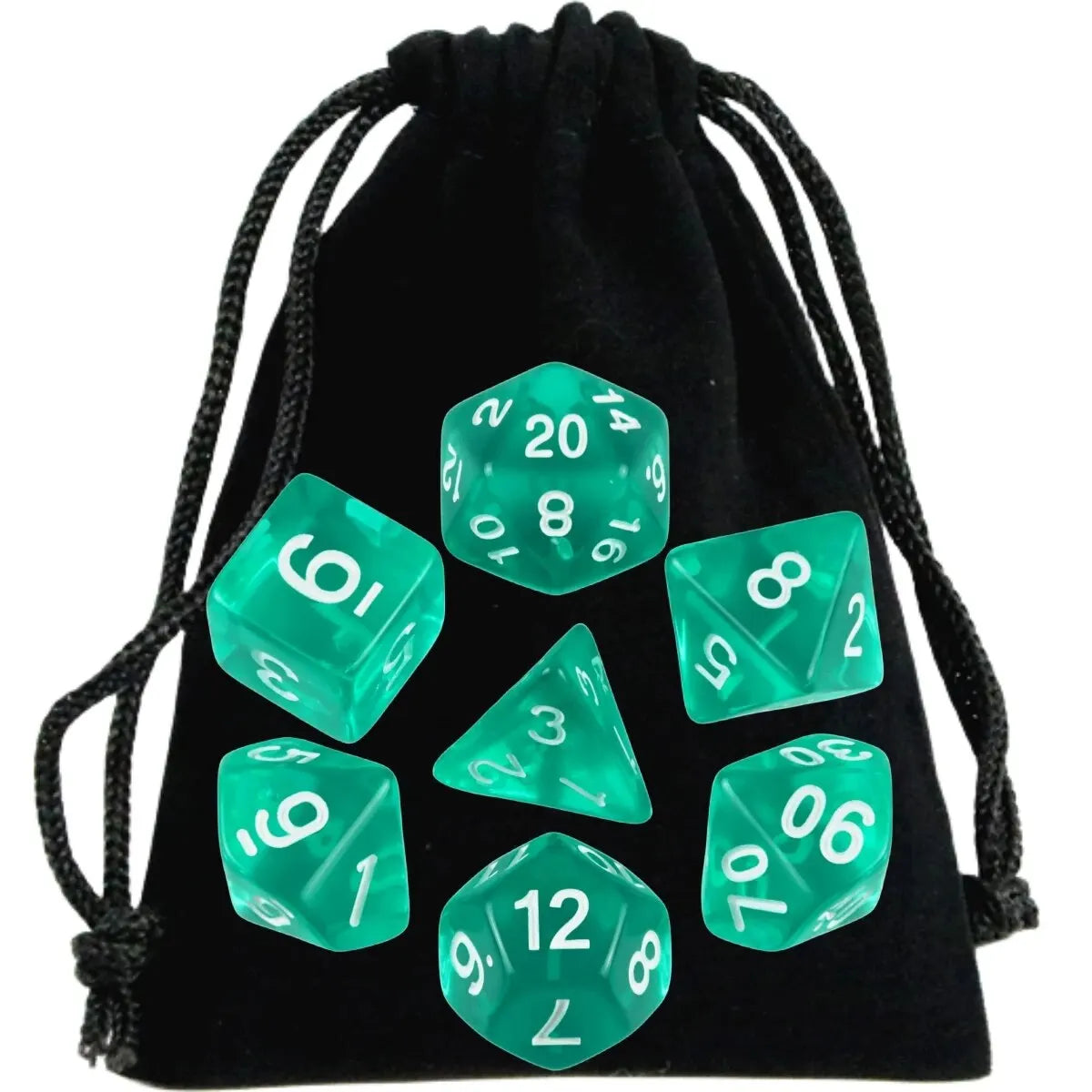 A set of transparent polyhedral dice, including a d6, d8, d10, d12, and d20, is displayed in a black pouch.