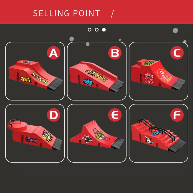 A set of red finger skateboard park ramps and rails shown in six different configurations.