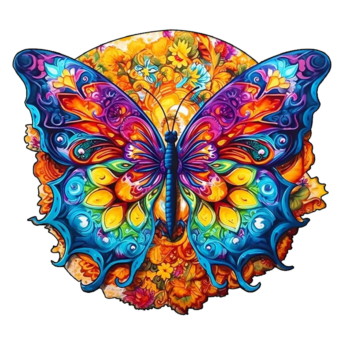 A vibrant, colorful butterfly is featured on a wooden puzzle piece with an intricate floral background.