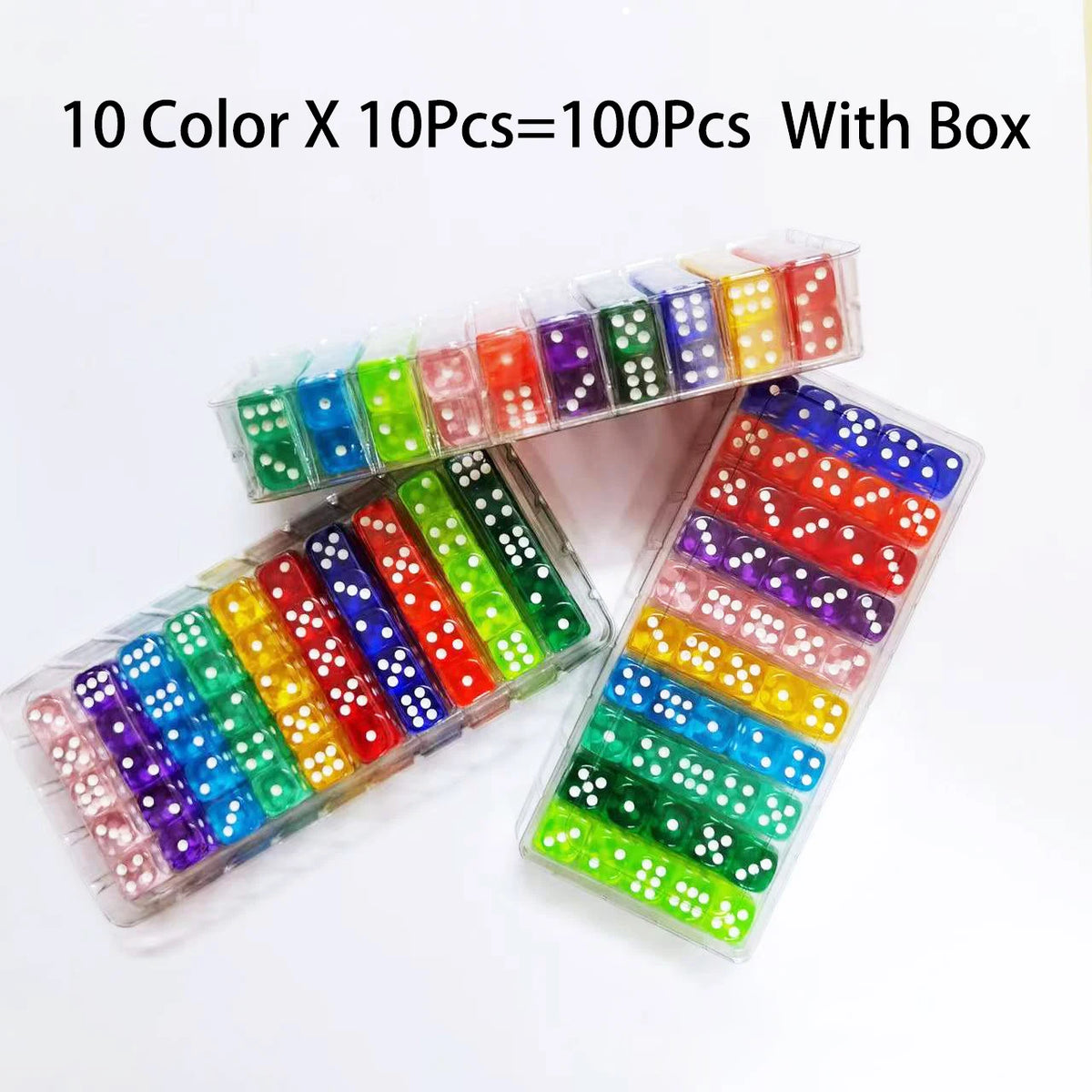 A collection of 10 colored acrylic dice in a plastic box, showing various colors like green, red, blue, and yellow.