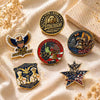 A set of patriotic lapel pins featuring designs for America's 250th anniversary, U.S. Navy, and other patriotic themes on a s