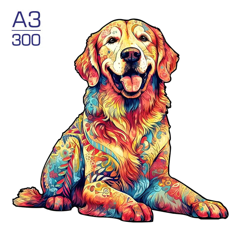 A vibrant, colorful illustration of a golden retriever puppy dog head and chest.